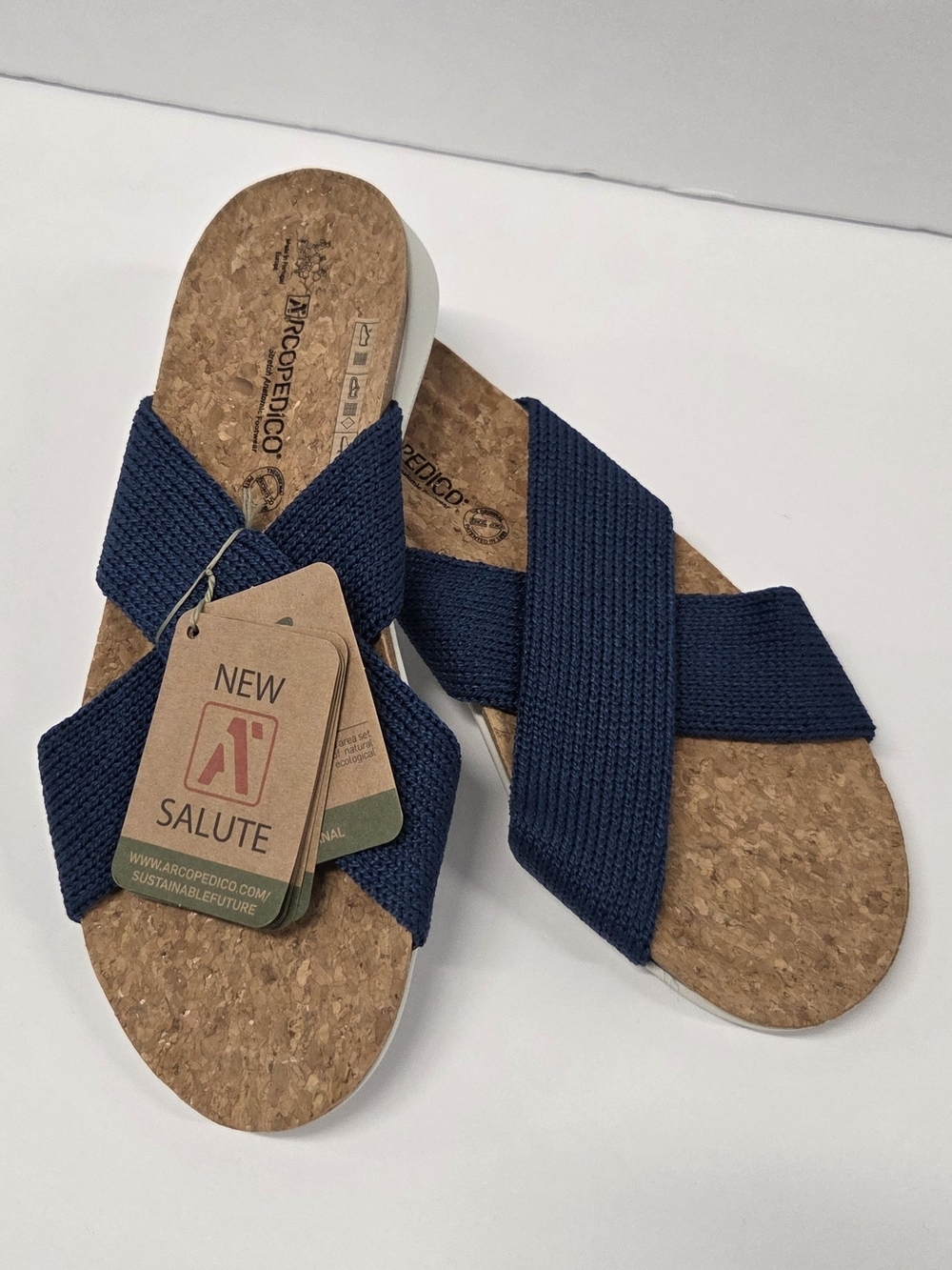 Arcopedico Pantanal Knit Slide Sandals Denim Blue Cork Footbed Eco Size 40 / 9